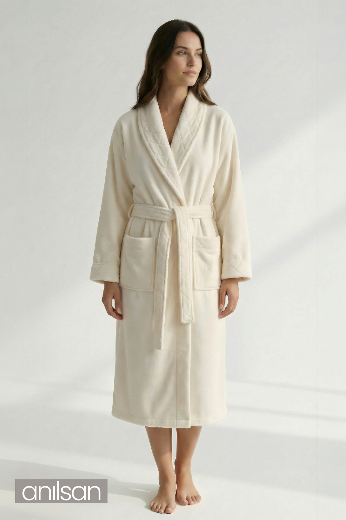 Şalyaka Kadife Bornoz Krem %100 Pamuk Unisex Spa Için Ideal Kadın/Erkek