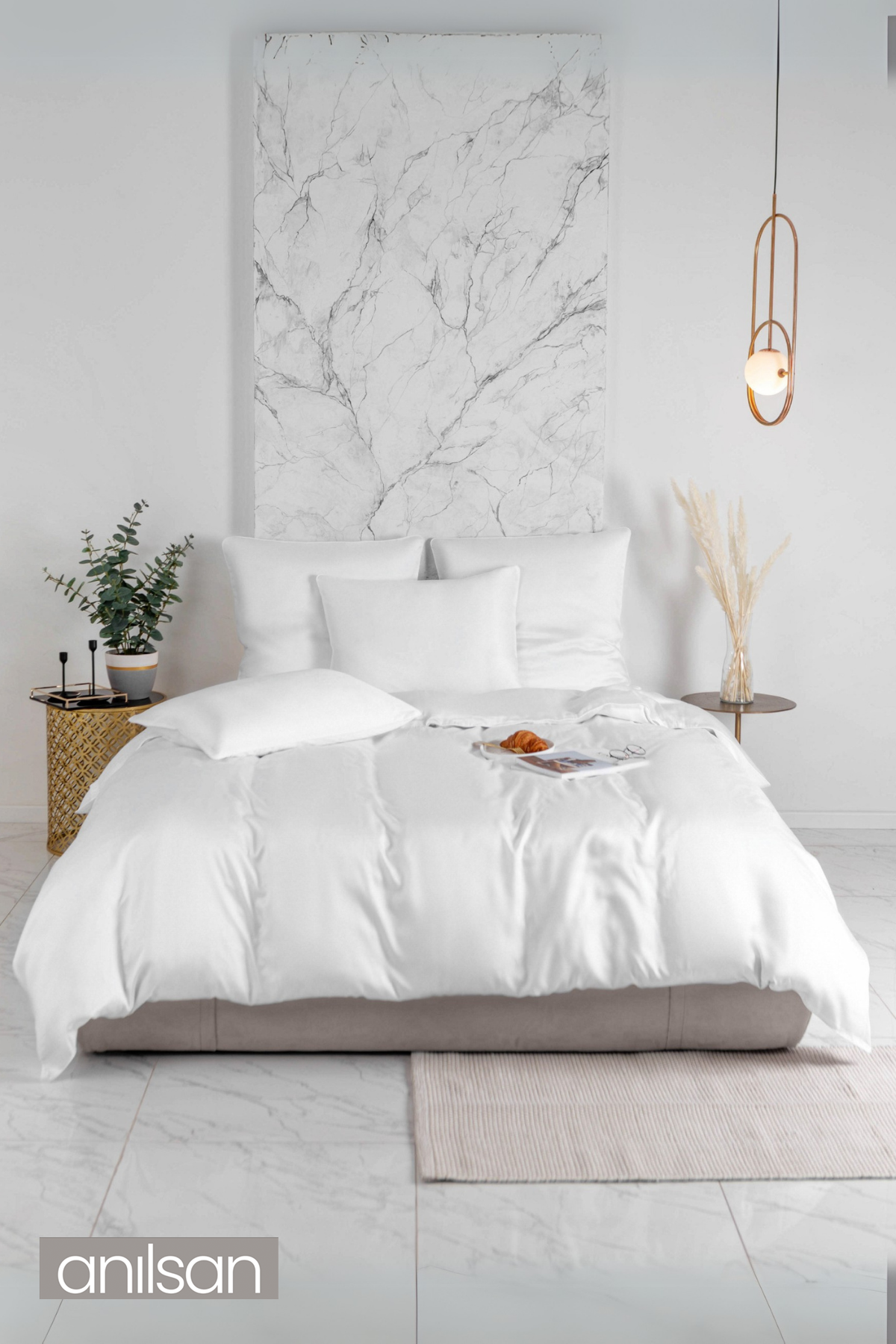 Düz Beyaz Saten Çift Kişilik Lastiksiz Çarşaf Nevresim Takım %100 Pamuk 2 Adet Yastık Kılıf, 83tel