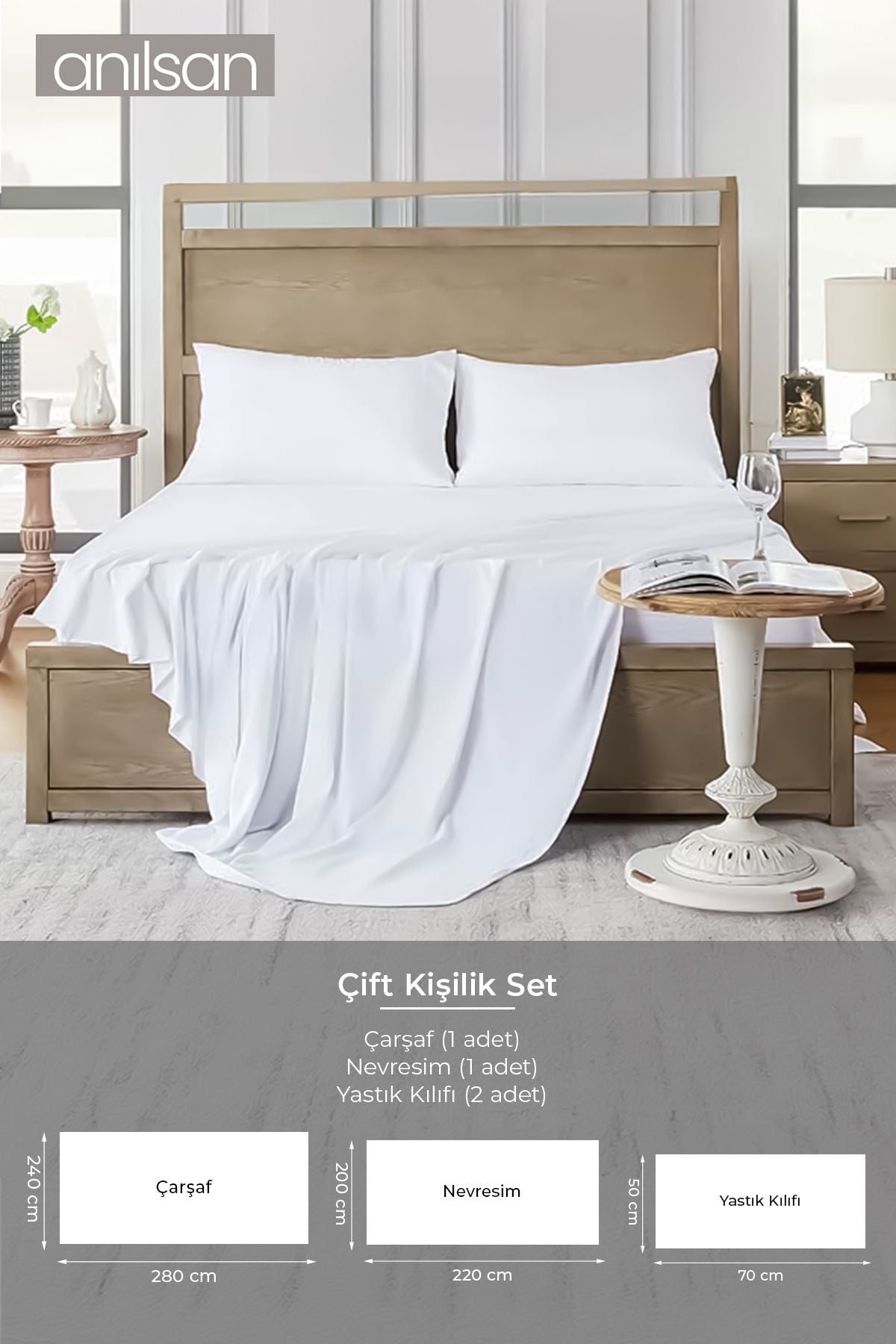 Düz Beyaz Saten Çift Kişilik Lastiksiz Çarşaf Nevresim Takım %100 Pamuk 2 Adet Yastık Kılıf, 83tel