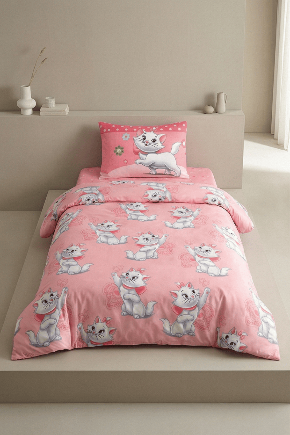 Sevimli Kedi Desenli Baskılı Çocuk Nevresim Takımı Tek Kişilik Yumuşak Pamuklu Kumaş
