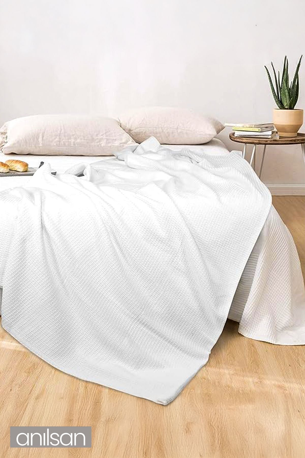 Tek Kişilik Beyaz Waffle Desenli Pike - %100 Pamuk, Yumuşak ve Dayanıklı Otel Pikesi