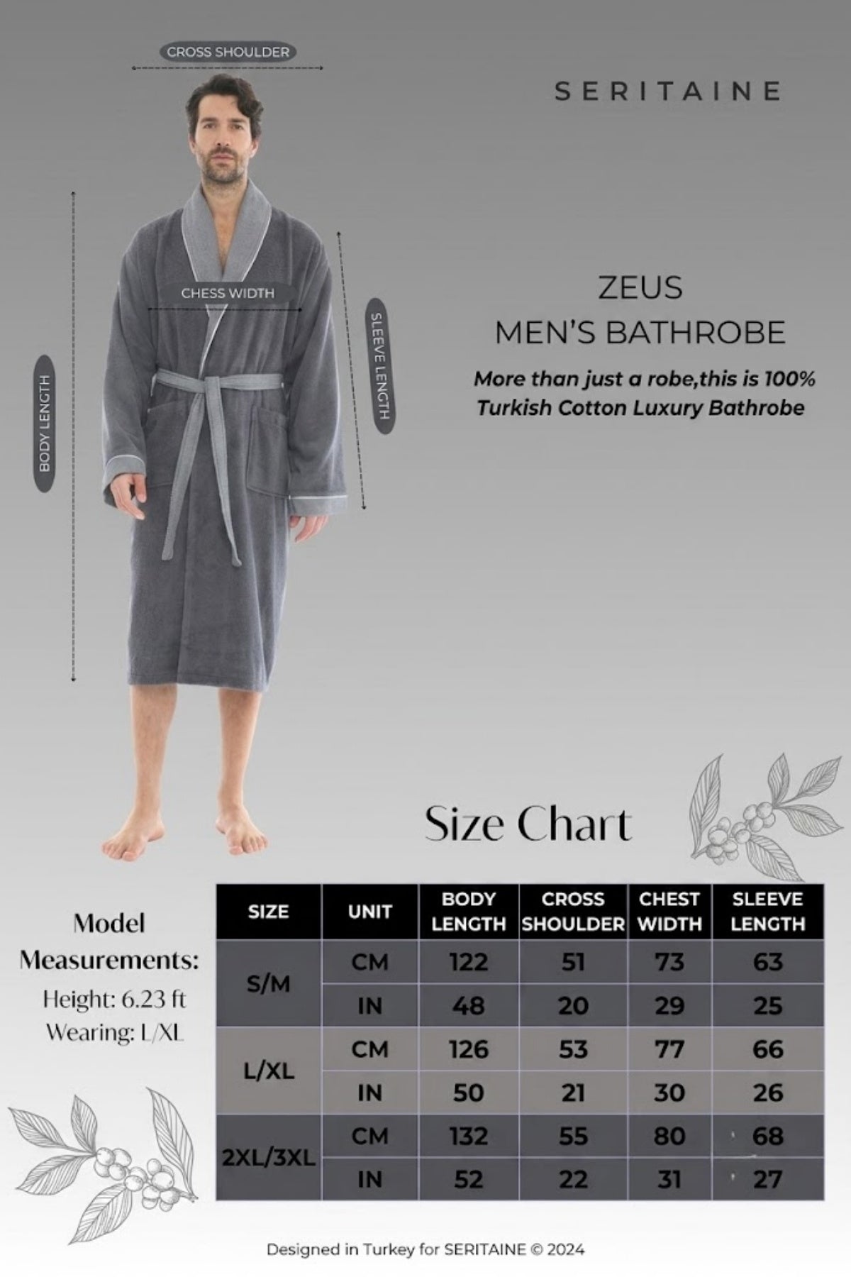 Zeus Şalyaka Erkek Bornozu - Bordürlü - Koyu Gri -%100 Pamuk